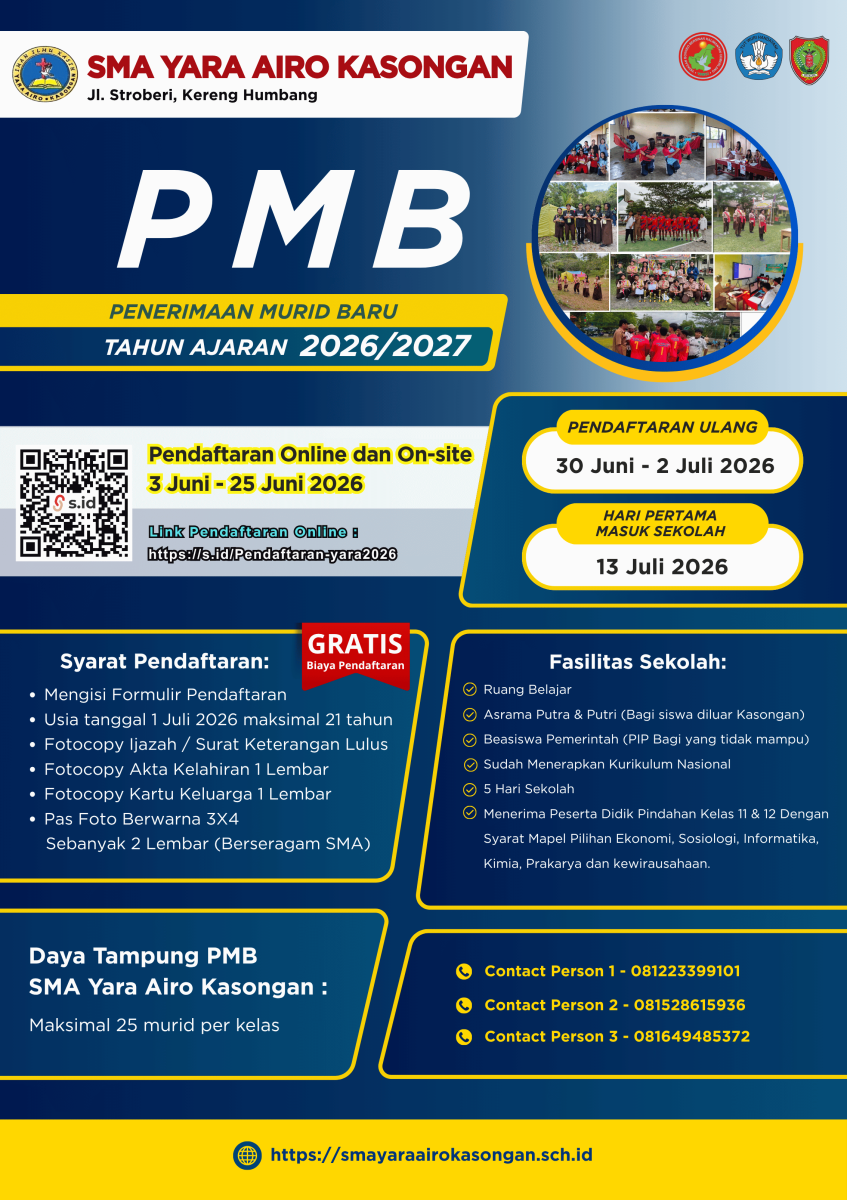 Resmi Dibuka! Penerimaan Murid Baru SMA Yara Airo Kasongan Tahun Ajaran 2026/2027 